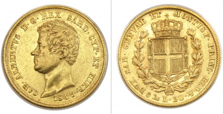370 EUR  20 Liras 1849  Italia  ORO 900  6,45 gr